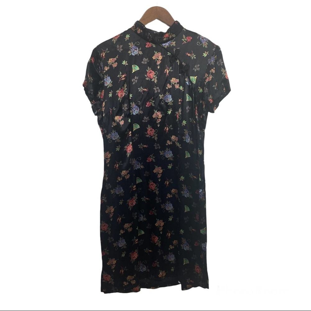 MICA Vintage Chinese Black Floral‎ Dress MAde in the USA Size 12